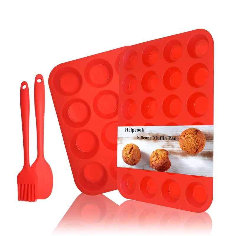 Helpcook Silicone Muffin Pan Cupcake Set, Non-Stick Regular 12 Cups and Mini 24 Cups,Silicone Baking Molds,BPA Free Muffin Tin with 1 Silicone Spatula & 1 Oil Brush (Red) - Image 1